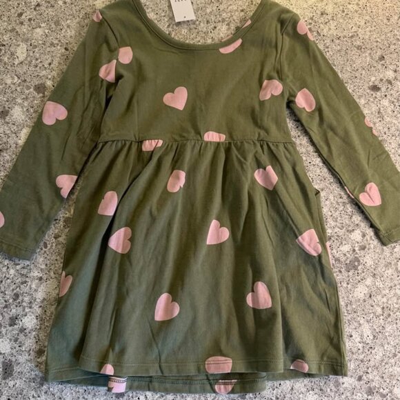 NWT Baby Gap Green Pink Hearts 100% Cotton Long Sleeve Scoop Neck Dress-Size 3T - Picture 8 of 10
